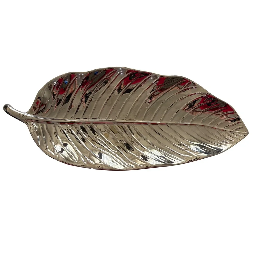 Silver Porcelain‎ Leaf Serving Tray Metallic Decorative Platter Dishwasher Safe